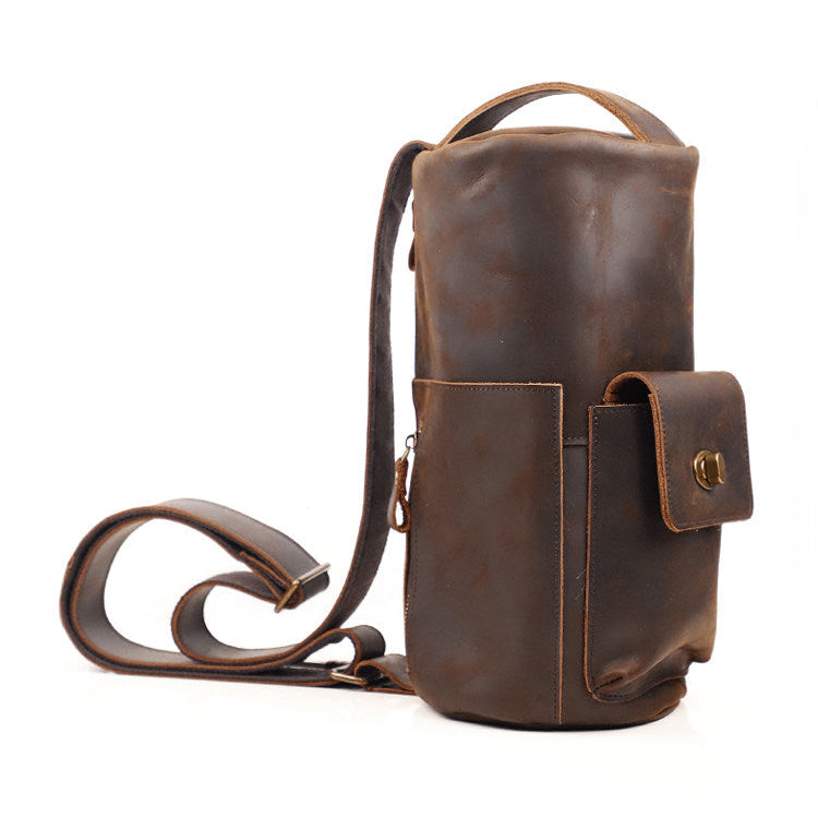 Handcrafted Full Grain Leather Round Barrel Bag | Men's Vintage Motorcycle Crossbody Sling Bag