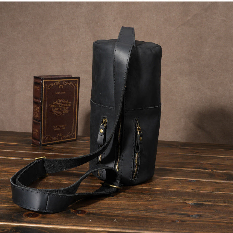 Handcrafted Full Grain Leather Round Barrel Bag | Men's Vintage Motorcycle Crossbody Sling Bag