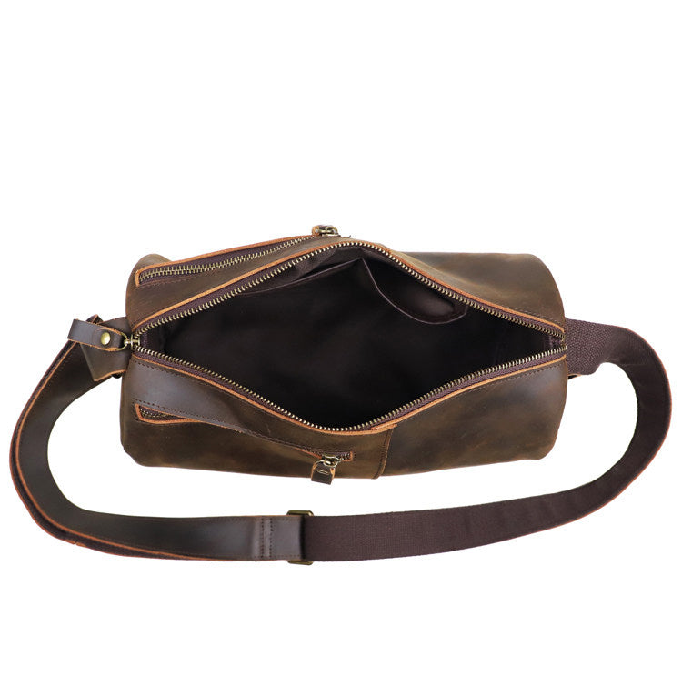 Handcrafted Full Grain Leather Round Barrel Bag | Men's Vintage Motorcycle Crossbody Sling Bag