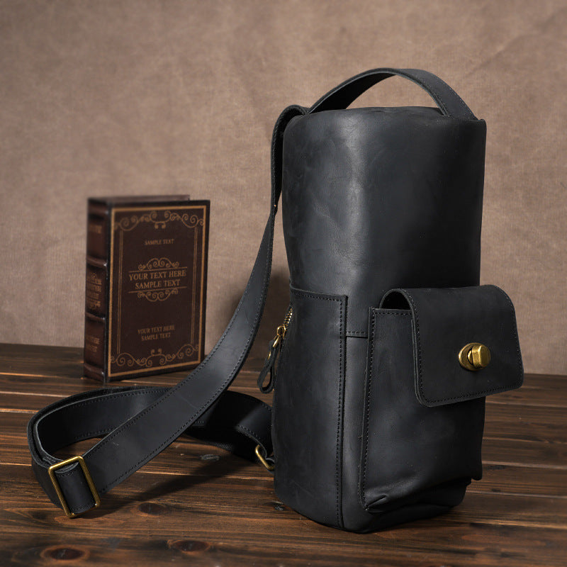Handcrafted Full Grain Leather Round Barrel Bag | Men's Vintage Motorcycle Crossbody Sling Bag