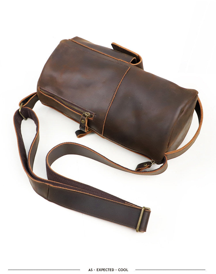 Handcrafted Full Grain Leather Round Barrel Bag | Men's Vintage Motorcycle Crossbody Sling Bag