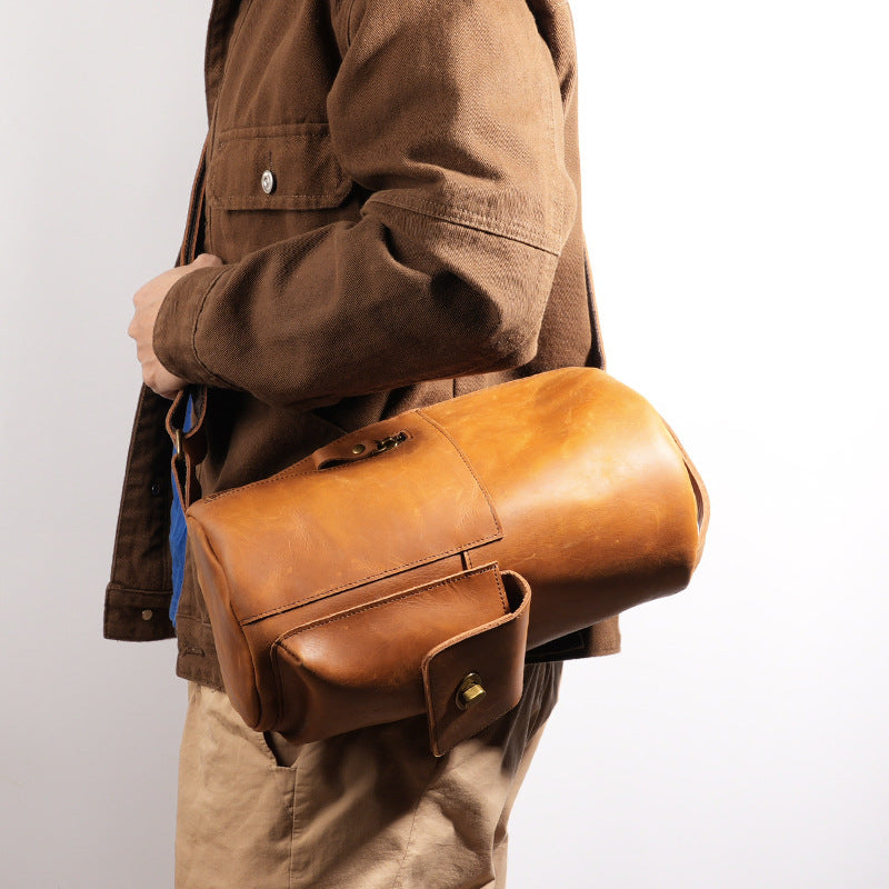 Handcrafted Full Grain Leather Round Barrel Bag | Men's Vintage Motorcycle Crossbody Sling Bag