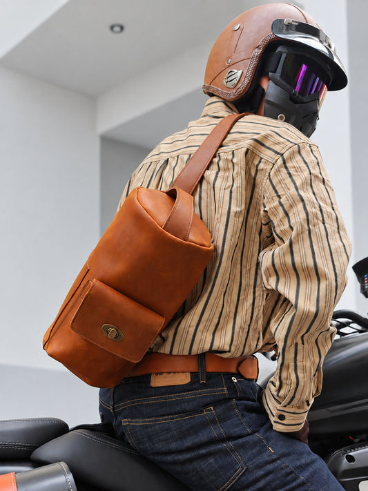 Handcrafted Full Grain Leather Round Barrel Bag | Men's Vintage Motorcycle Crossbody Sling Bag