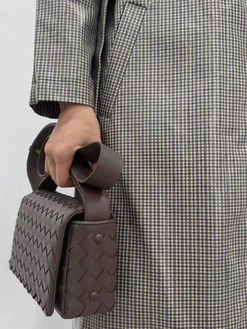 Handcrafted Intrecciato Mini Bag with Flap, Designer Weaven Calfskin Leather Crossbody & Top Handle Box Bag