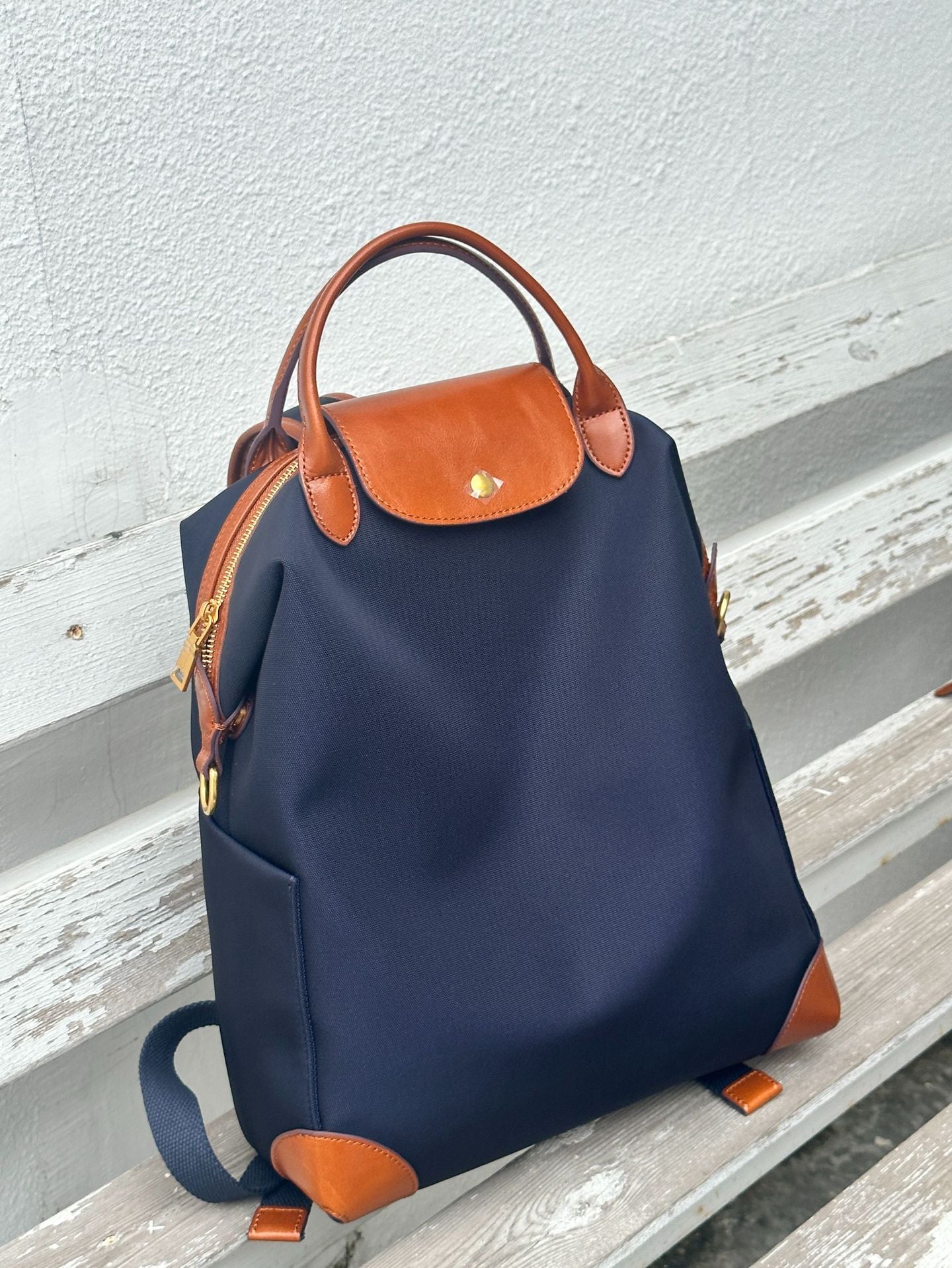 Handcrafted Luxury Women's Nylon Backpack,  Large Laptop Bag, Waterproof Oxford Nylon with Cowhide Leather Trim