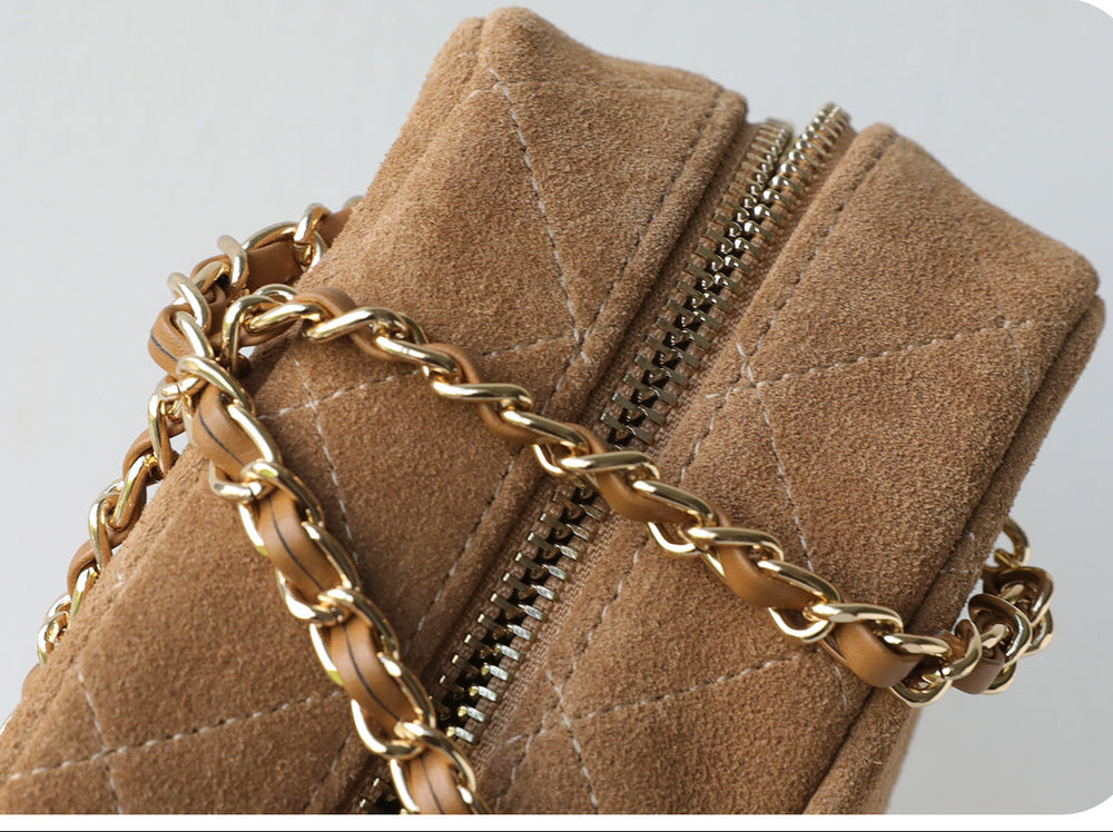 Handcrafted Quilted Suede Cowhide Camera Bag | Women's Chain Shoulder Bag with Turn-Lock Clasp