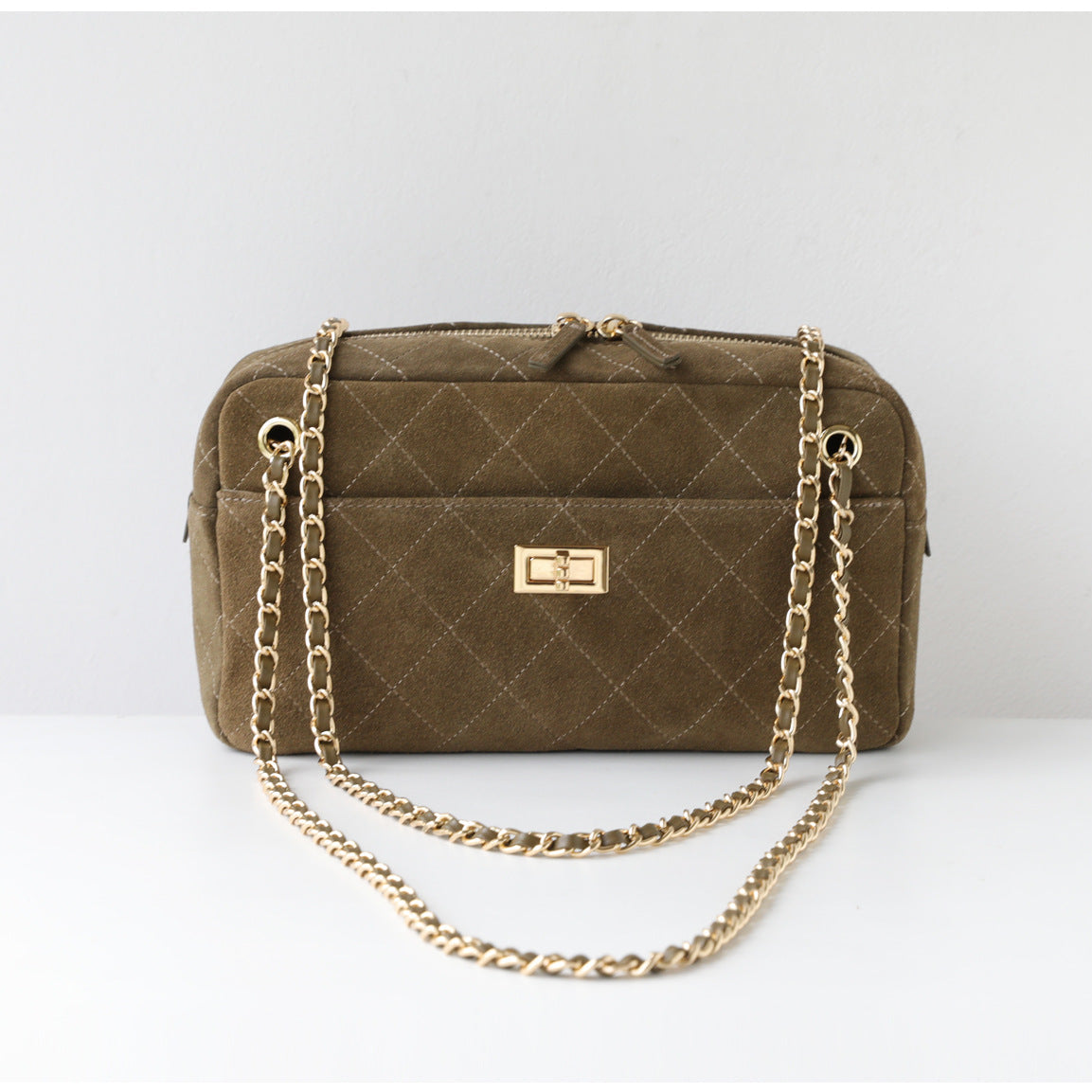 Handcrafted Quilted Suede Cowhide Camera Bag | Women's Chain Shoulder Bag with Turn-Lock Clasp