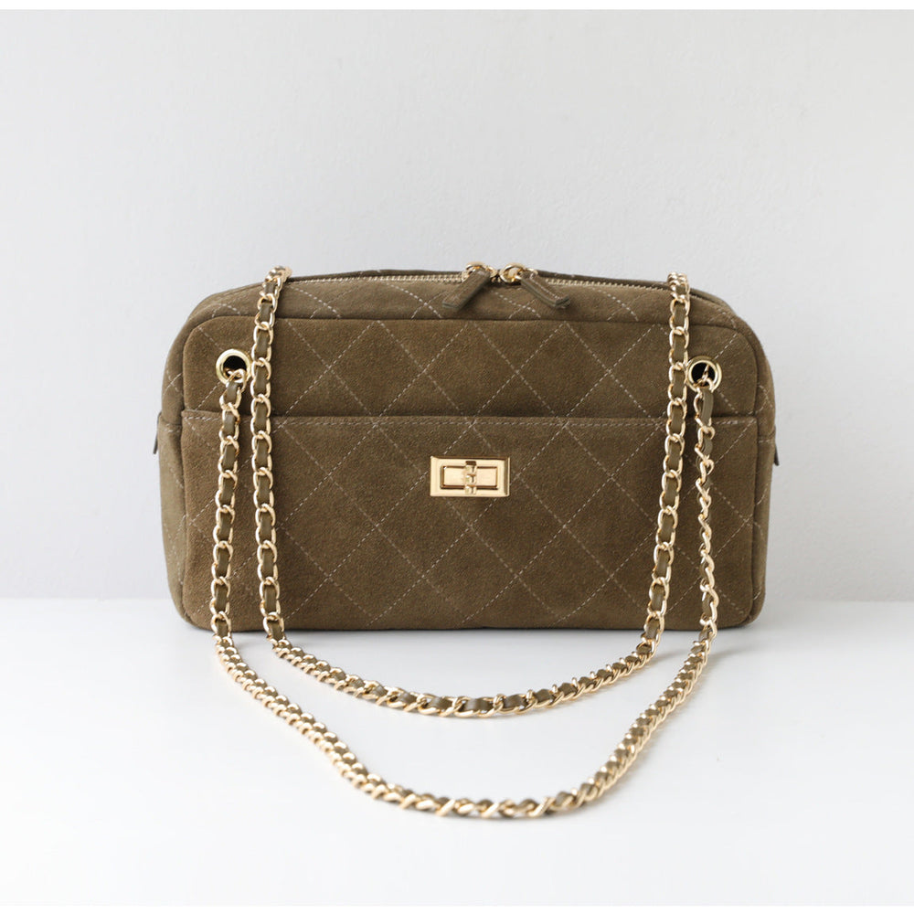 Handcrafted Quilted Suede Cowhide Camera Bag | Women's Chain Shoulder Bag with Turn-Lock Clasp