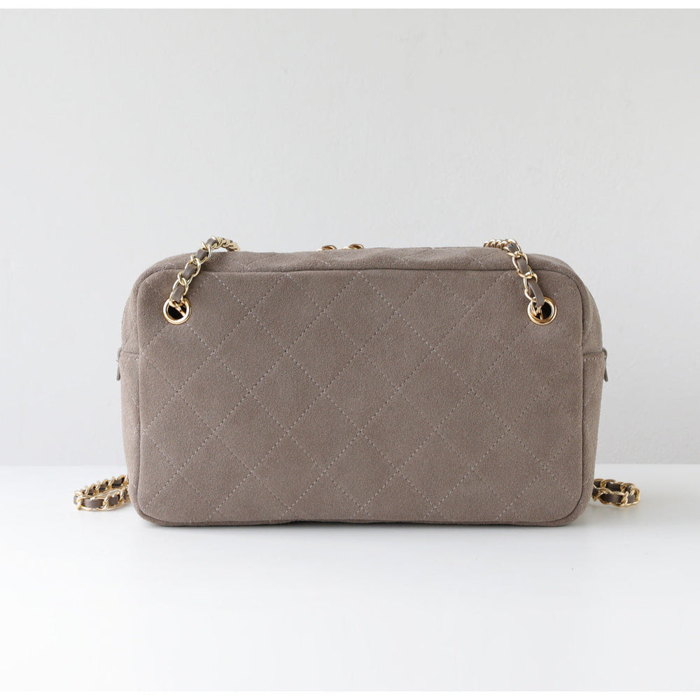 Handcrafted Quilted Suede Cowhide Camera Bag | Women's Chain Shoulder Bag with Turn-Lock Clasp