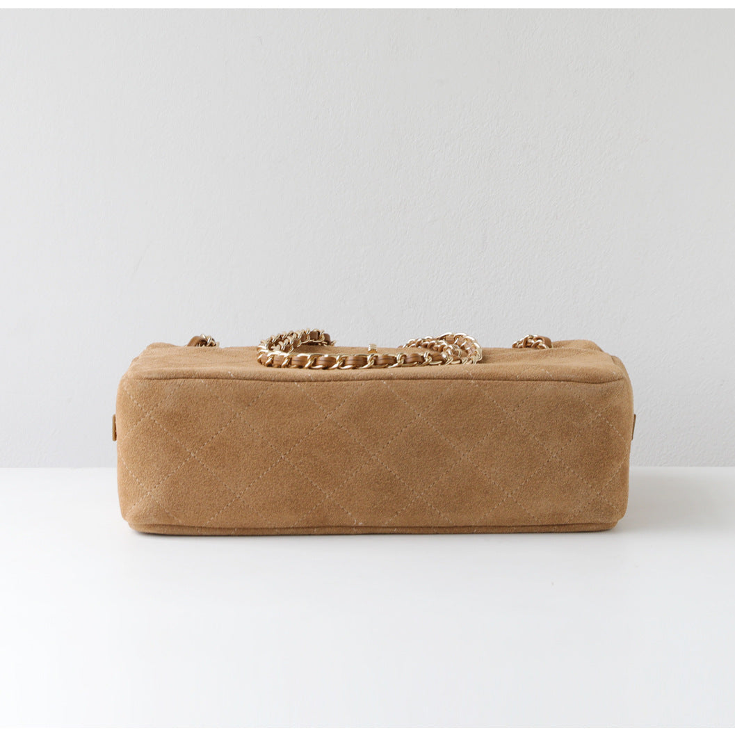 Handcrafted Quilted Suede Cowhide Camera Bag | Women's Chain Shoulder Bag with Turn-Lock Clasp