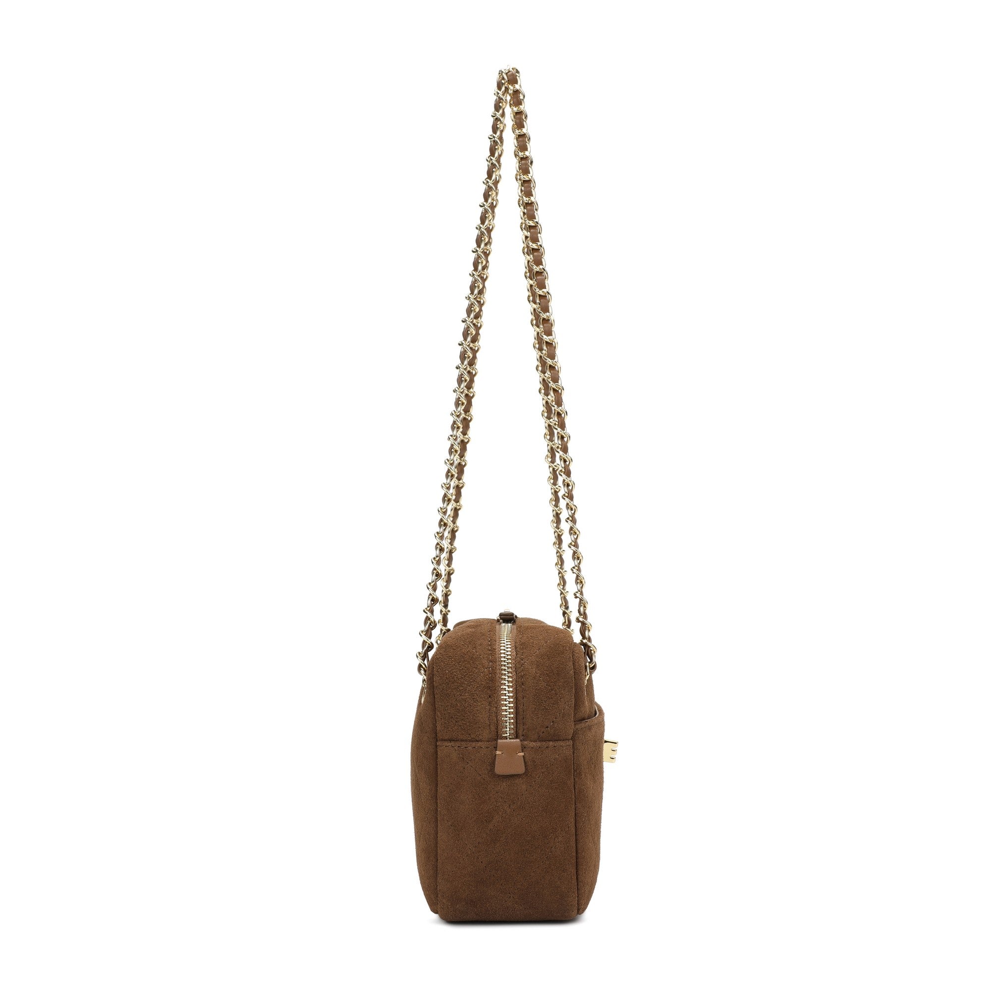 Handcrafted Quilted Suede Cowhide Camera Bag | Women's Chain Shoulder Bag with Turn-Lock Clasp
