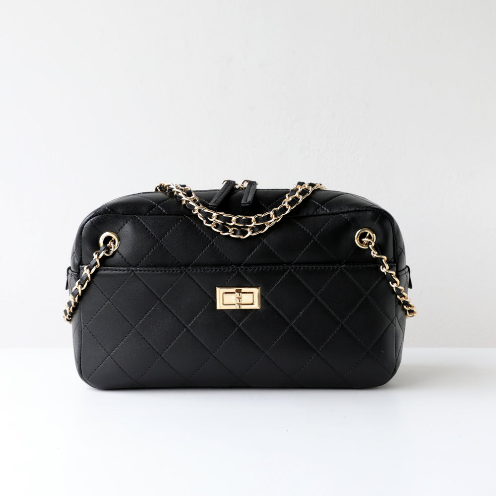 Handcrafted Quilted Suede Cowhide Camera Bag | Women's Chain Shoulder Bag with Turn-Lock Clasp