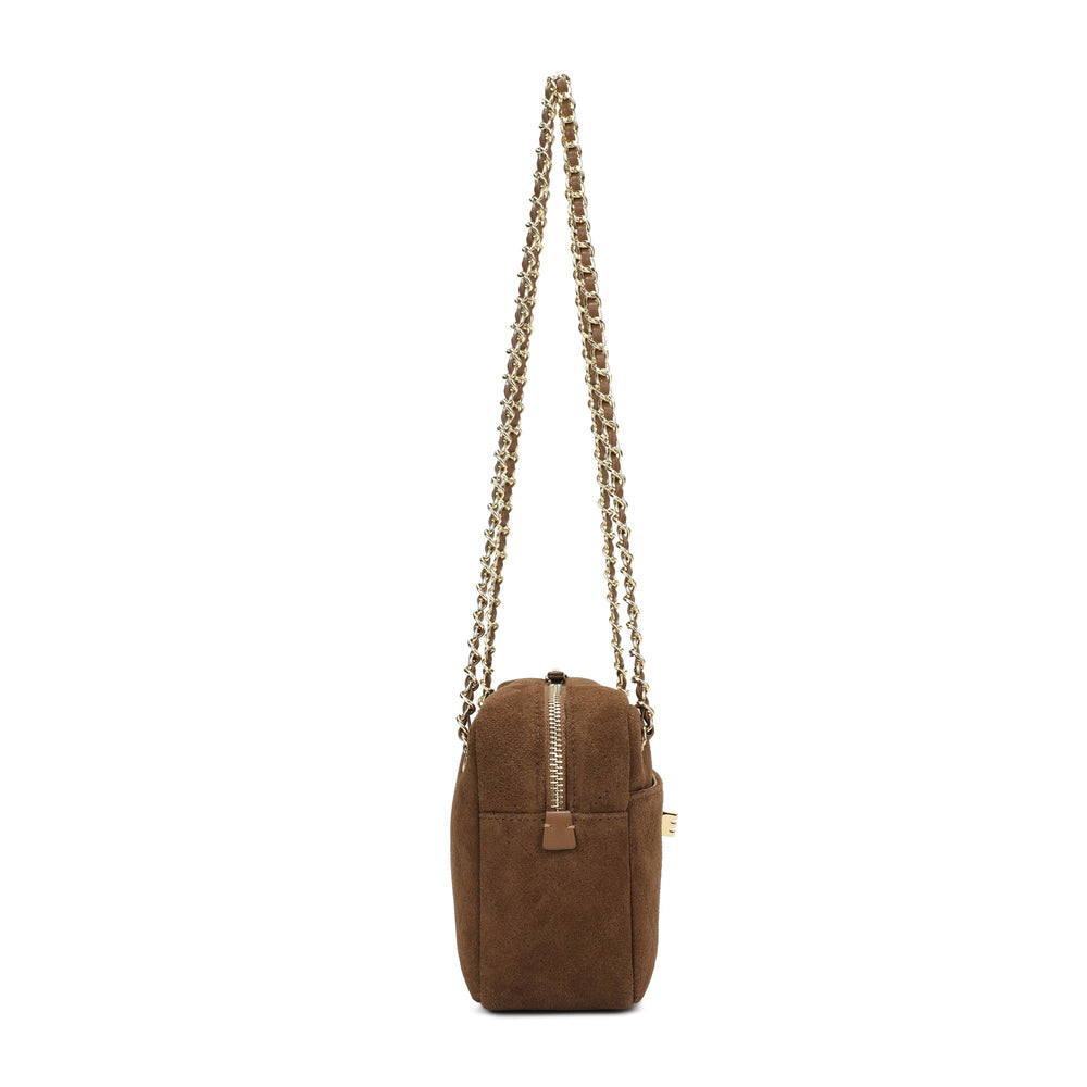 Handcrafted Quilted Suede Cowhide Camera Bag | Women's Chain Shoulder Bag with Turn-Lock Clasp
