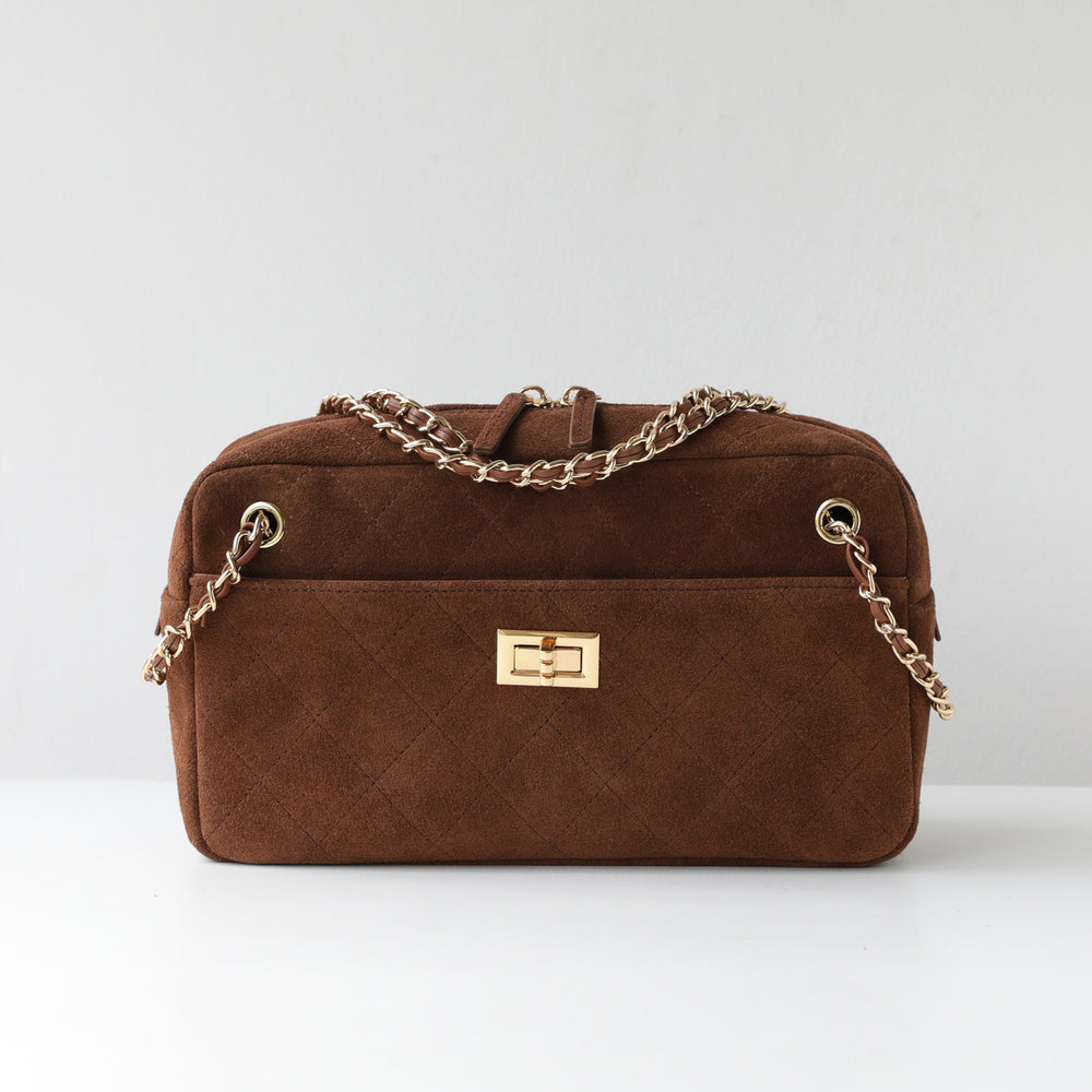 Handcrafted Quilted Suede Cowhide Camera Bag | Women's Chain Shoulder Bag with Turn-Lock Clasp