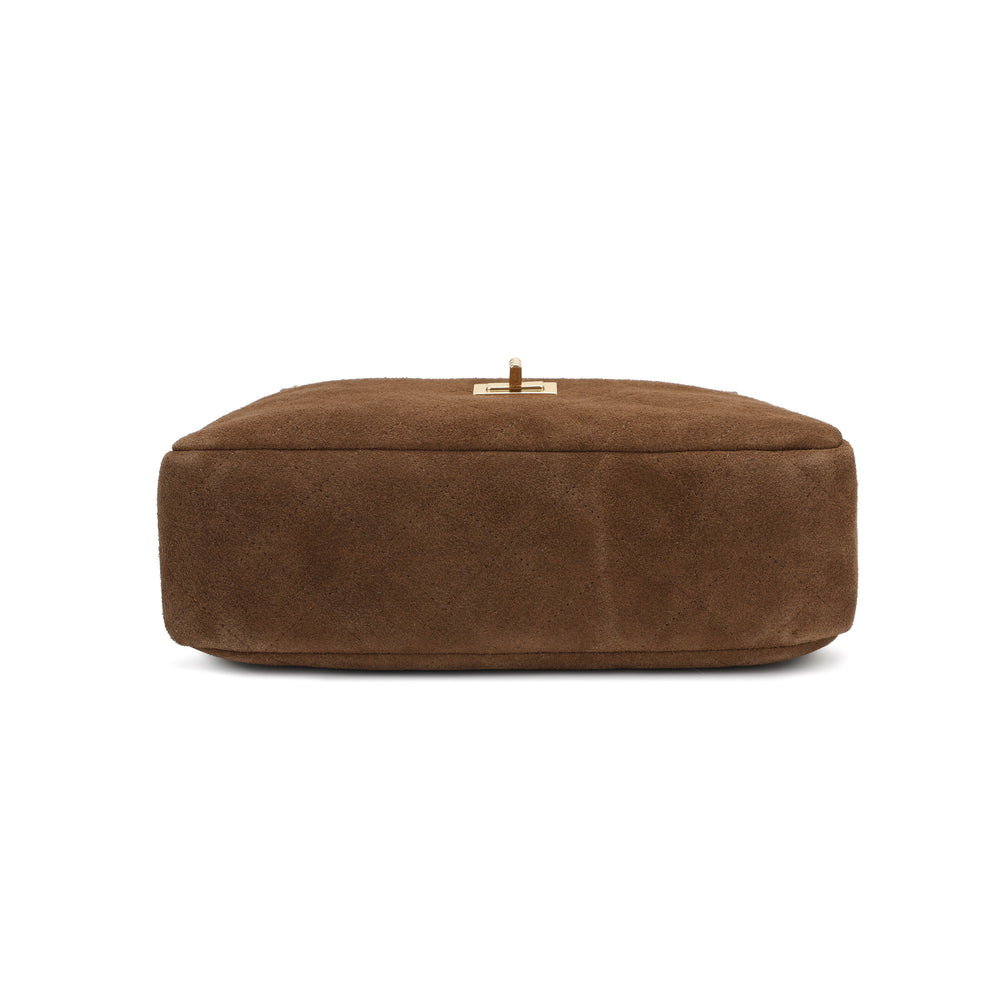 Handcrafted Quilted Suede Cowhide Camera Bag | Women's Chain Shoulder Bag with Turn-Lock Clasp