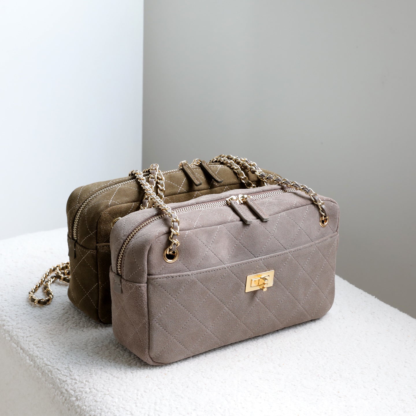 Handcrafted Quilted Suede Cowhide Camera Bag | Women's Chain Shoulder Bag with Turn-Lock Clasp