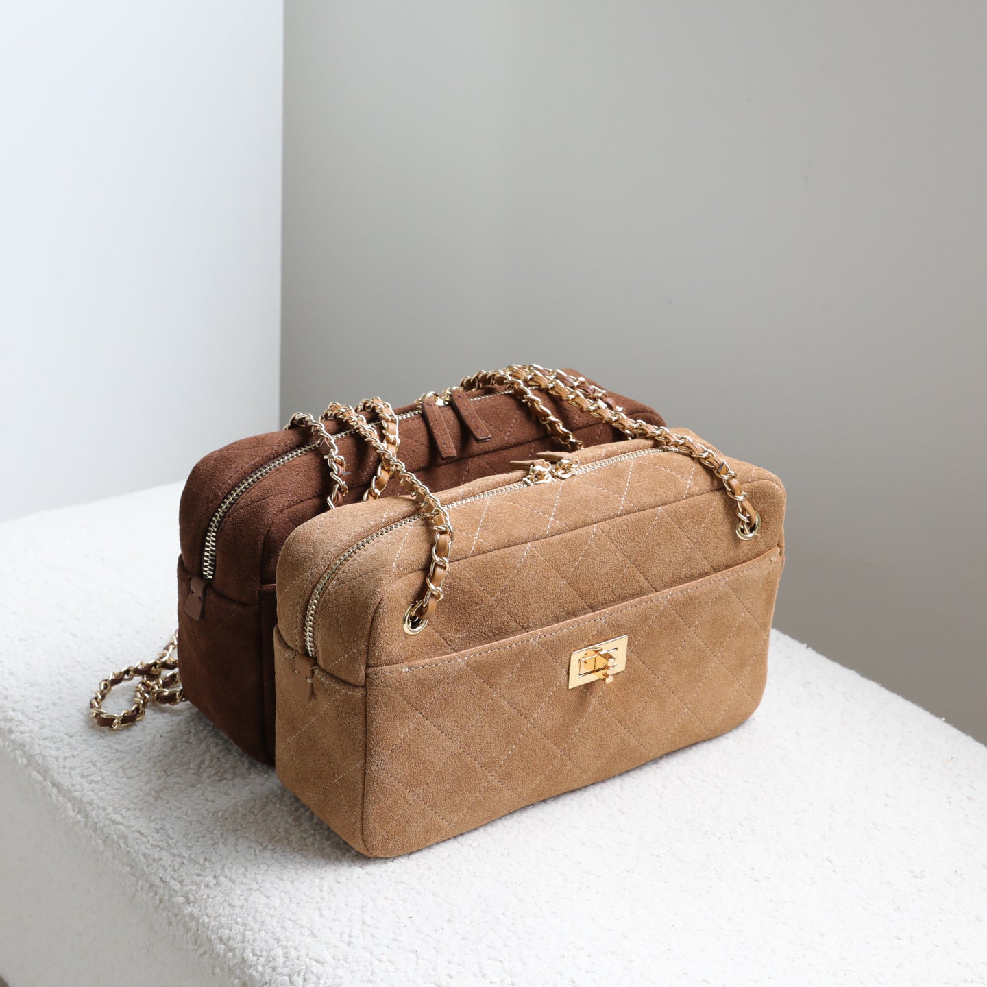 Handcrafted Quilted Suede Cowhide Camera Bag | Women's Chain Shoulder Bag with Turn-Lock Clasp