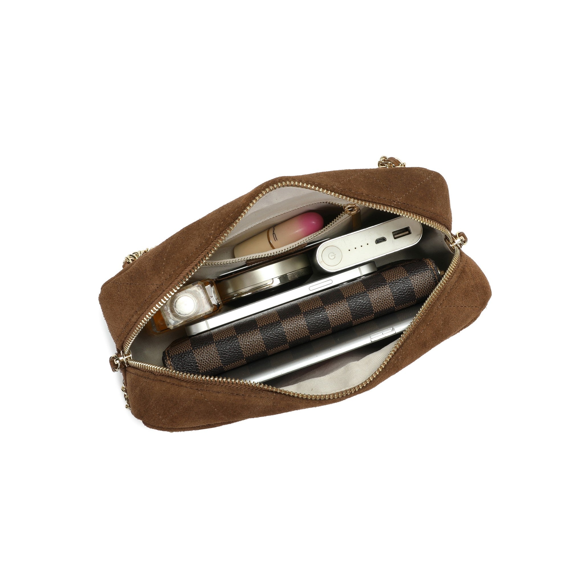 Handcrafted Quilted Suede Cowhide Camera Bag | Women's Chain Shoulder Bag with Turn-Lock Clasp