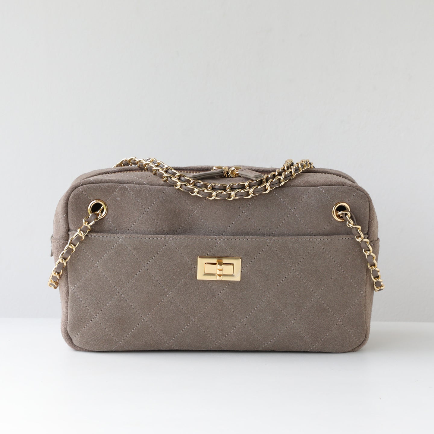 Handcrafted Quilted Suede Cowhide Camera Bag | Women's Chain Shoulder Bag with Turn-Lock Clasp
