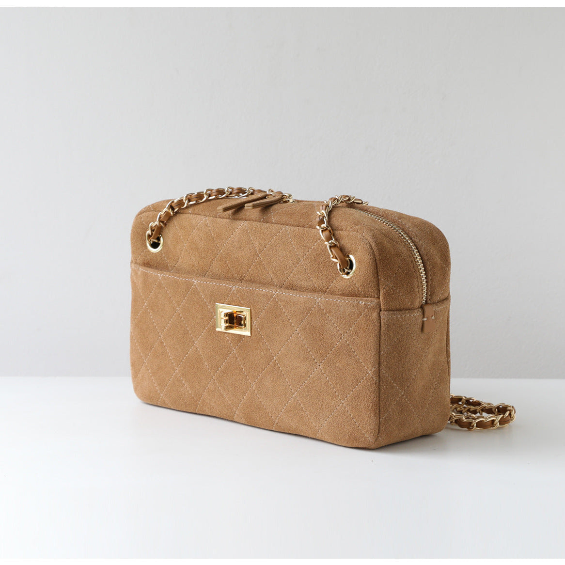 Handcrafted Quilted Suede Cowhide Camera Bag | Women's Chain Shoulder Bag with Turn-Lock Clasp