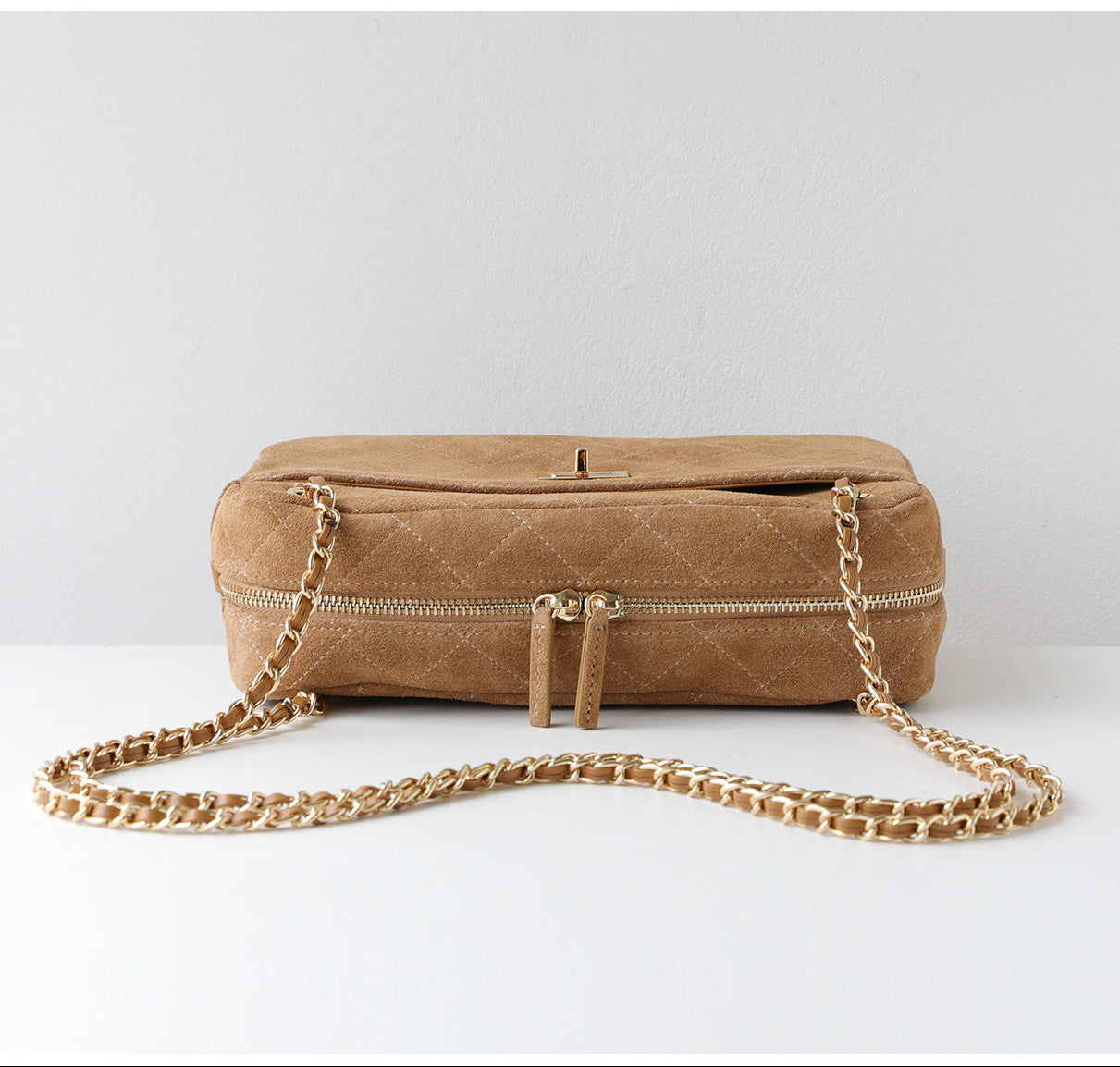 Handcrafted Quilted Suede Cowhide Camera Bag | Women's Chain Shoulder Bag with Turn-Lock Clasp