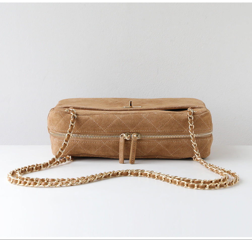 Handcrafted Quilted Suede Cowhide Camera Bag | Women's Chain Shoulder Bag with Turn-Lock Clasp