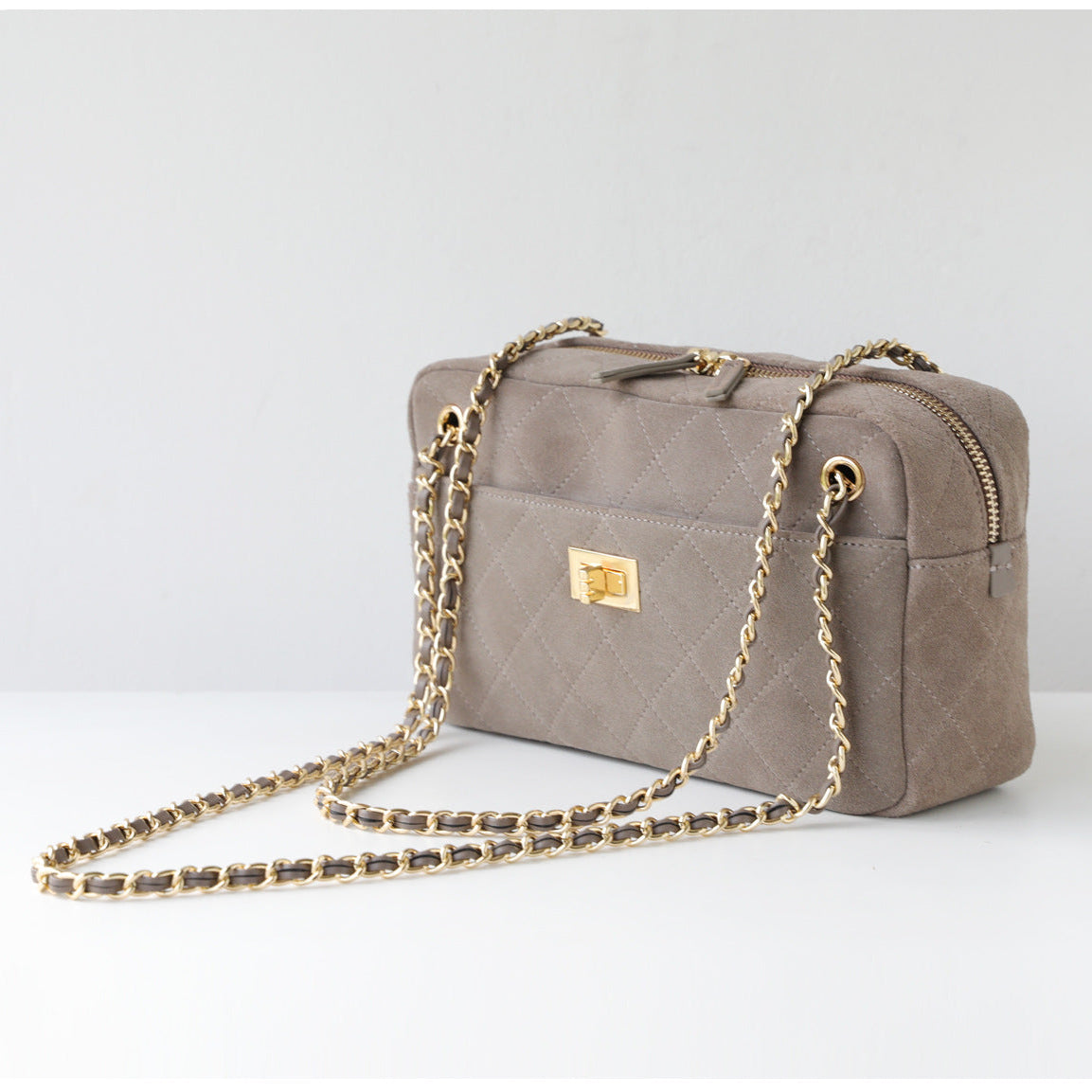 Handcrafted Quilted Suede Cowhide Camera Bag | Women's Chain Shoulder Bag with Turn-Lock Clasp