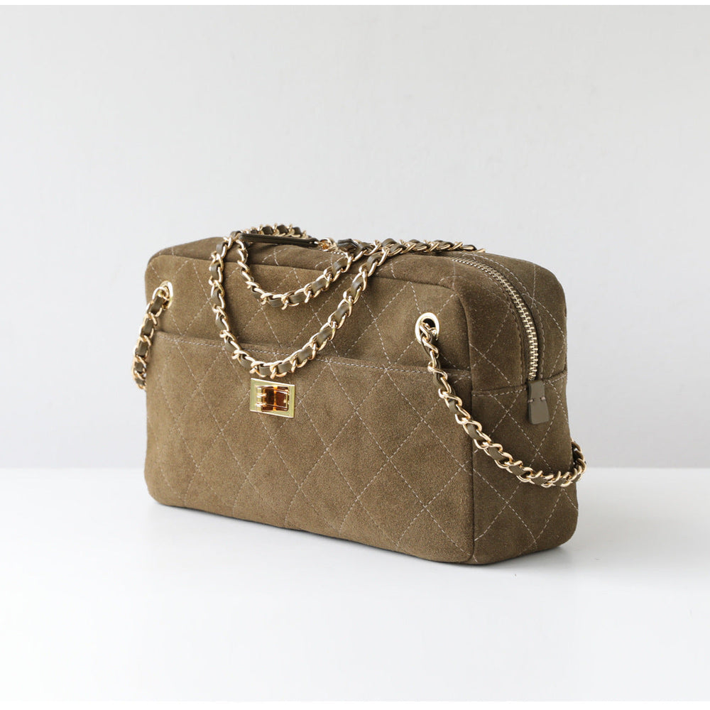 Handcrafted Quilted Suede Cowhide Camera Bag | Women's Chain Shoulder Bag with Turn-Lock Clasp