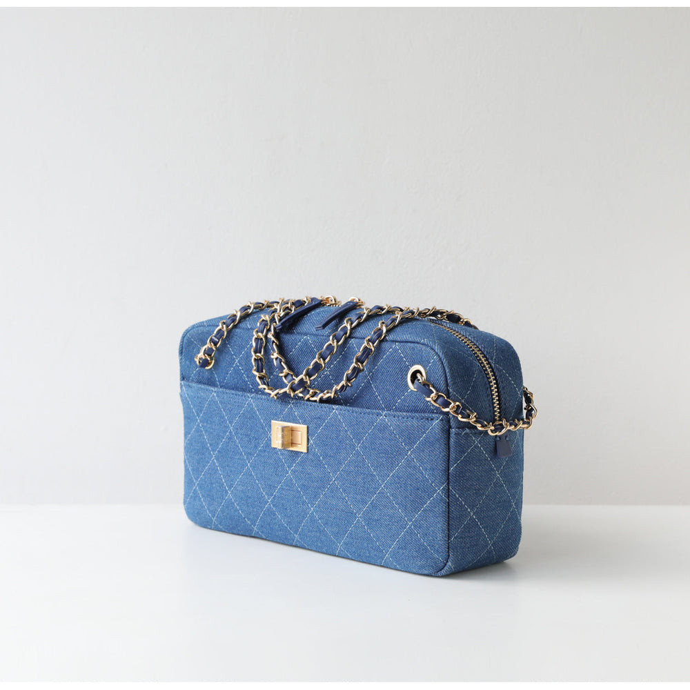 Handcrafted Quilted Suede Cowhide Camera Bag | Women's Chain Shoulder Bag with Turn-Lock Clasp