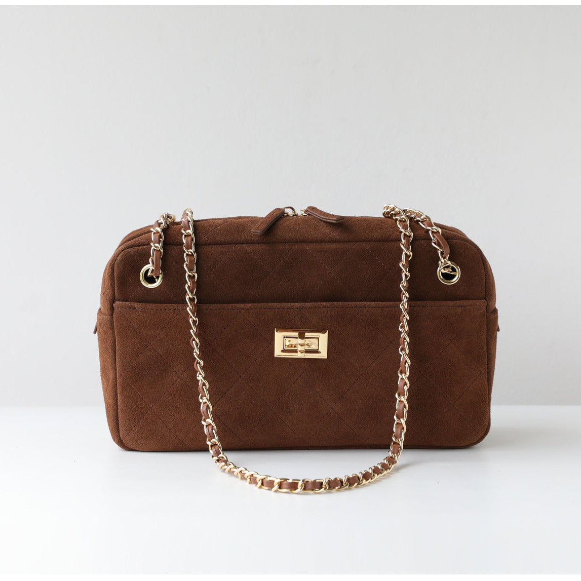 Handcrafted Quilted Suede Cowhide Camera Bag | Women's Chain Shoulder Bag with Turn-Lock Clasp