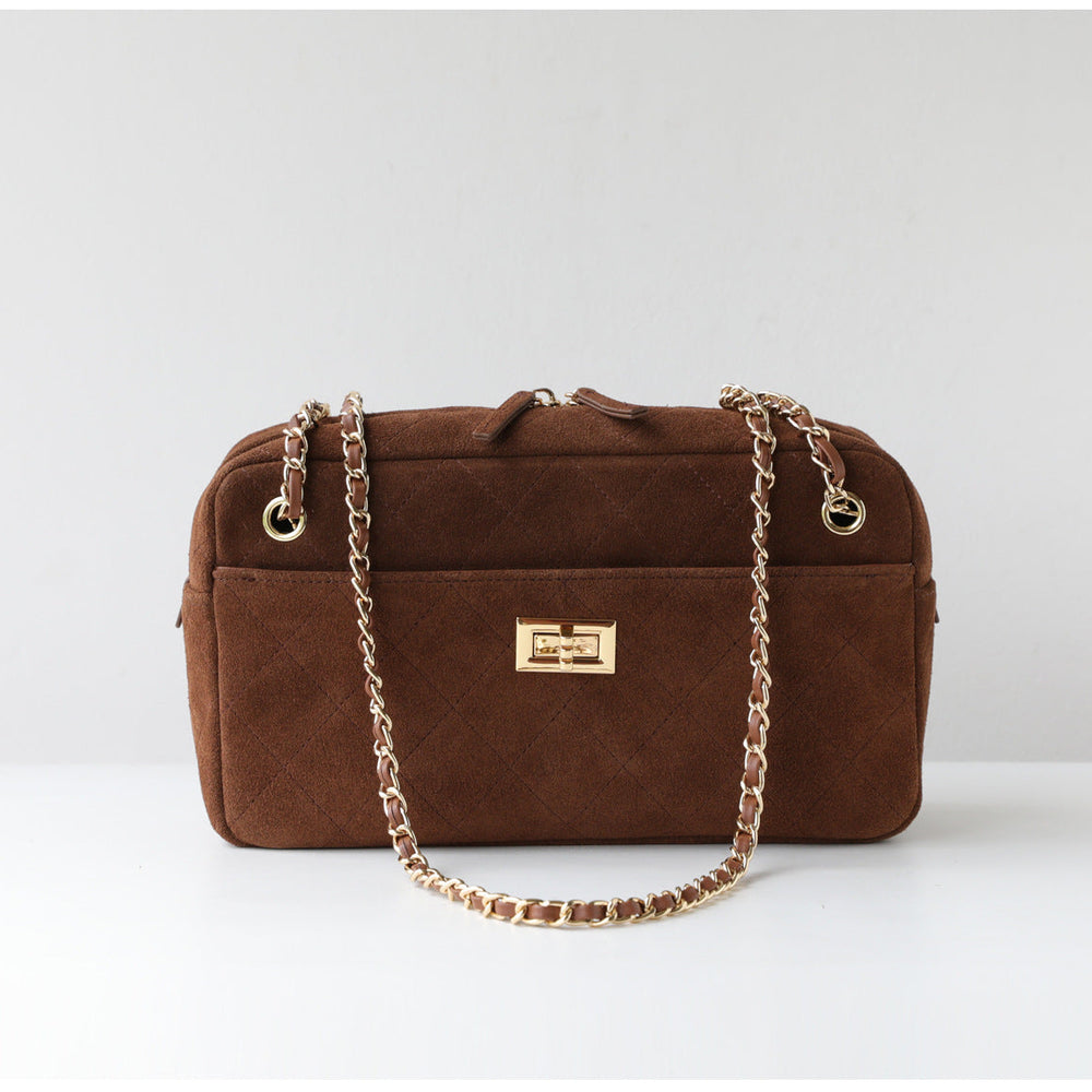 Handcrafted Quilted Suede Cowhide Camera Bag | Women's Chain Shoulder Bag with Turn-Lock Clasp