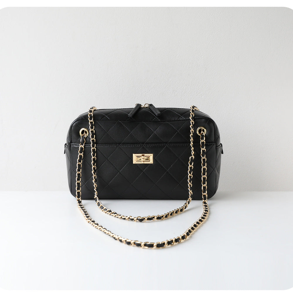 Handcrafted Quilted Suede Cowhide Camera Bag | Women's Chain Shoulder Bag with Turn-Lock Clasp