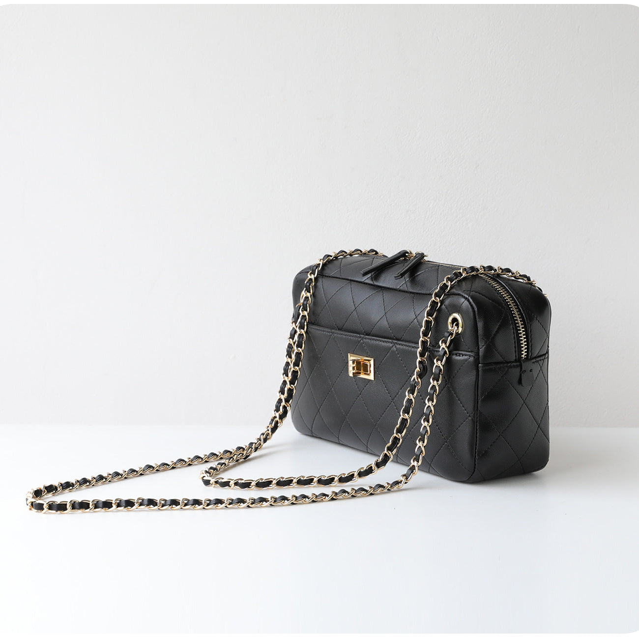 Handcrafted Quilted Suede Cowhide Camera Bag | Women's Chain Shoulder Bag with Turn-Lock Clasp
