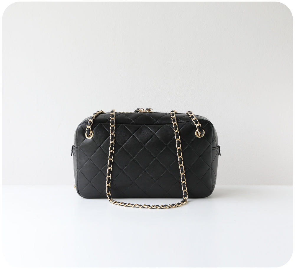 Handcrafted Quilted Suede Cowhide Camera Bag | Women's Chain Shoulder Bag with Turn-Lock Clasp