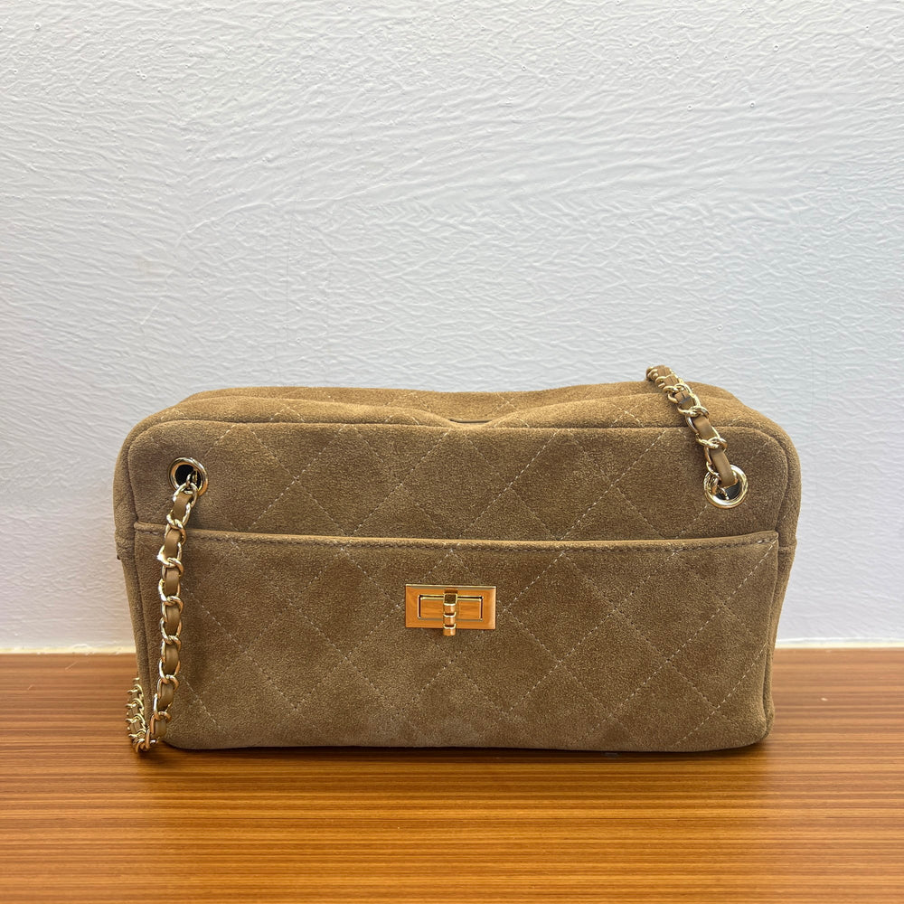 Handcrafted Quilted Suede Cowhide Camera Bag | Women's Chain Shoulder Bag with Turn-Lock Clasp