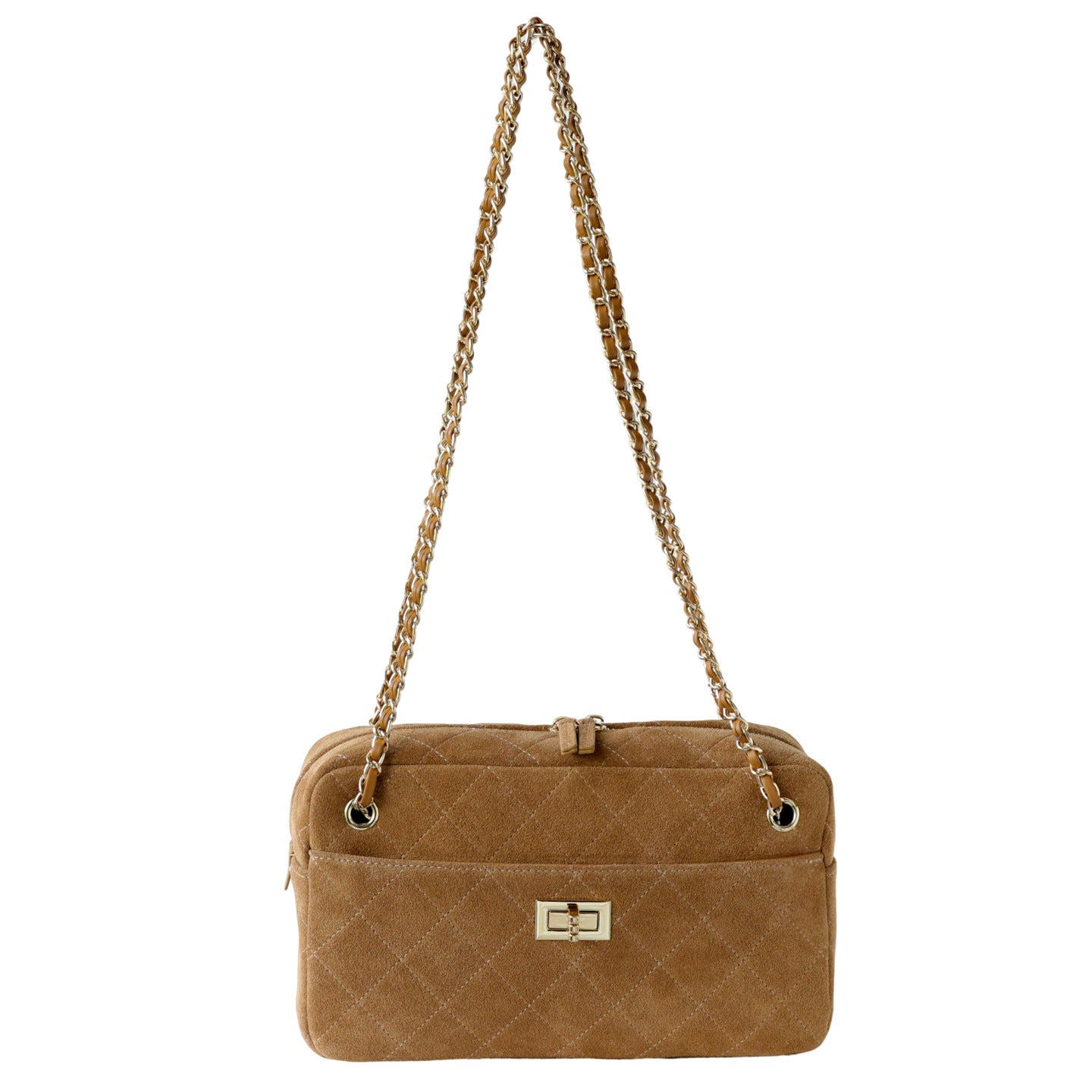 Handcrafted Quilted Suede Cowhide Camera Bag | Women's Chain Shoulder Bag with Turn-Lock Clasp