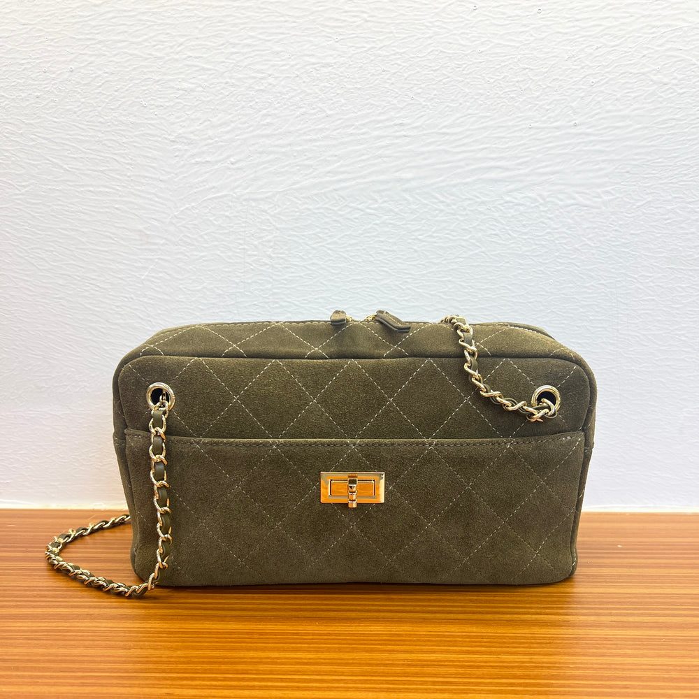 Handcrafted Quilted Suede Cowhide Camera Bag | Women's Chain Shoulder Bag with Turn-Lock Clasp
