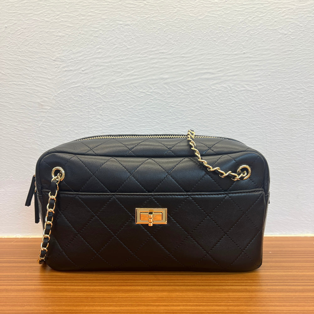 Handcrafted Quilted Suede Cowhide Camera Bag | Women's Chain Shoulder Bag with Turn-Lock Clasp