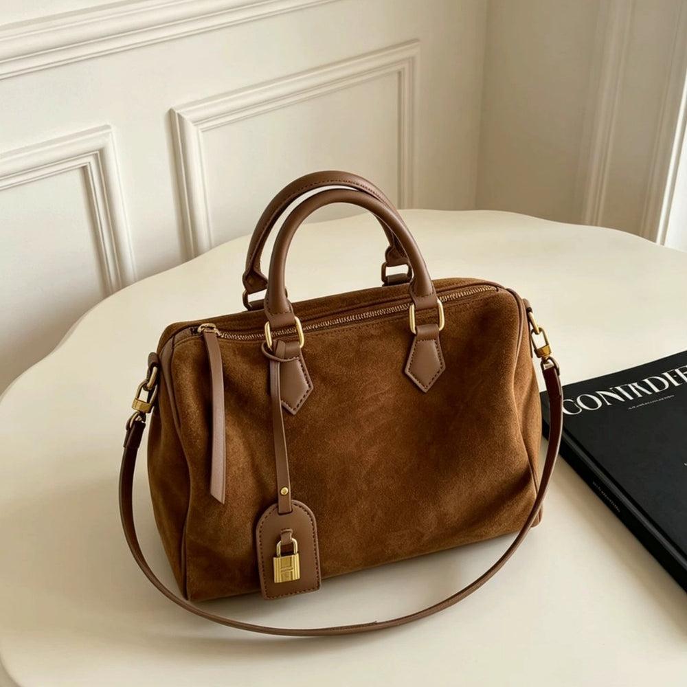 Handcrafted Suede Leather Boston Bag for Women | Padlock Charm Shoulder& Crossbody Bag | Handcrafted Matte Cowhide Top Handle Purse