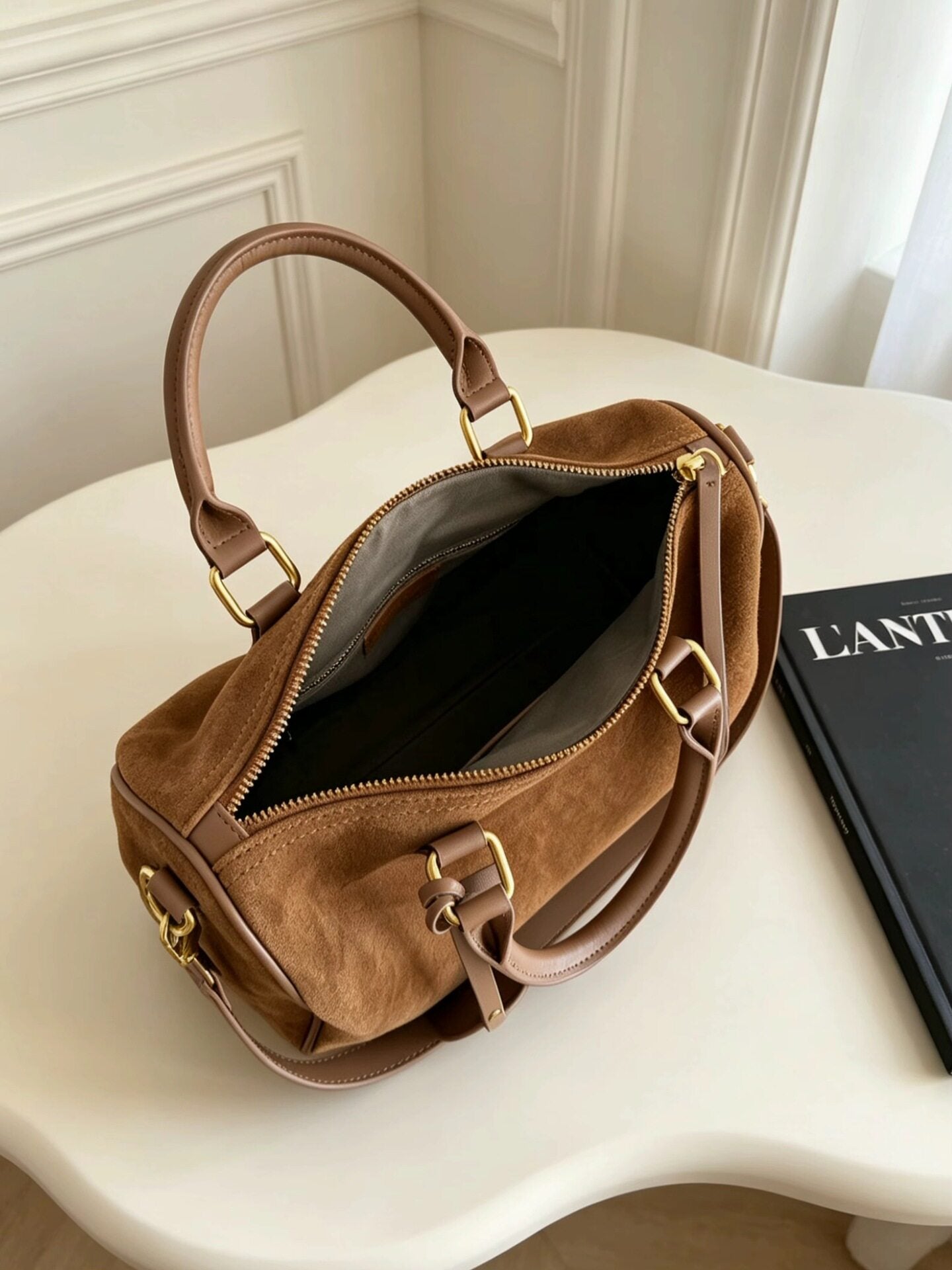 Handcrafted Suede Leather Boston Bag for Women | Padlock Charm Shoulder& Crossbody Bag | Handcrafted Matte Cowhide Top Handle Purse