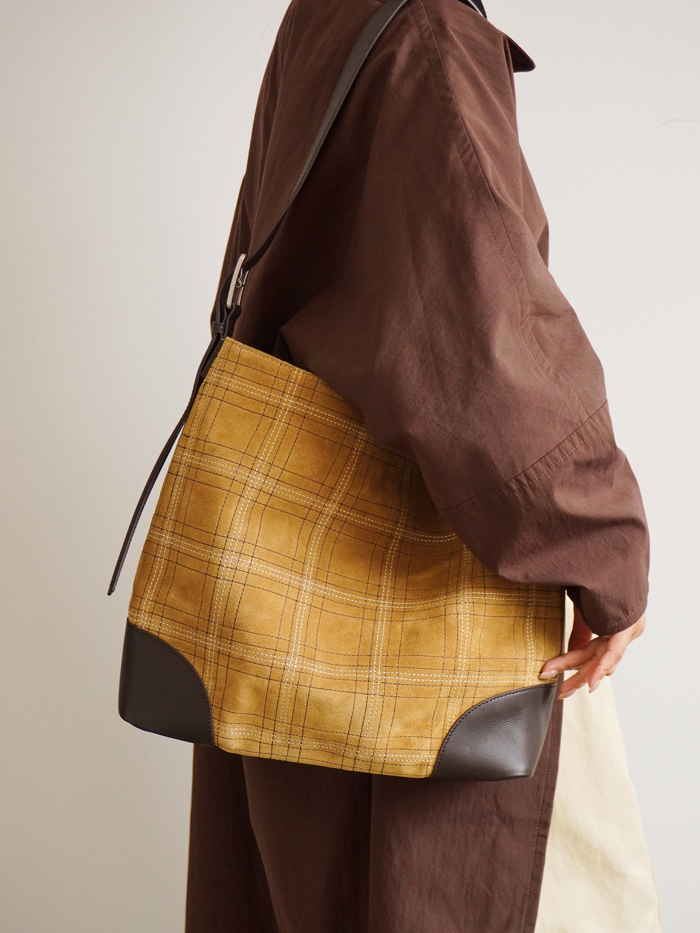 Handcrafted Suede Leather Plaid Tote Bag | Women's Oversized Shoulder & Crossbody Purse