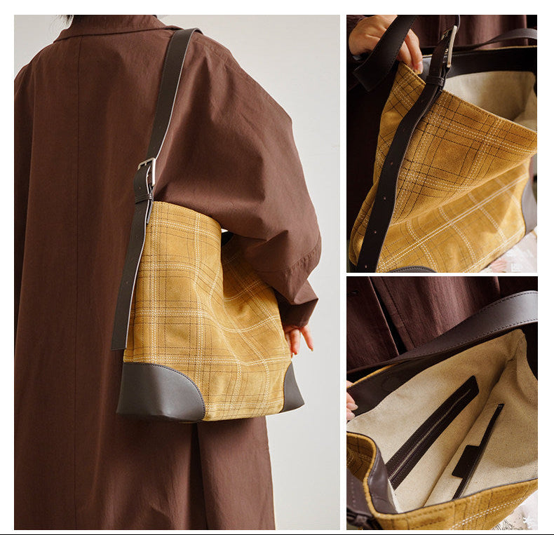 Handcrafted Suede Leather Plaid Tote Bag | Women's Oversized Shoulder & Crossbody Purse