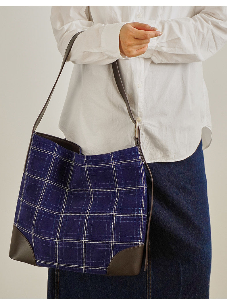 Handcrafted Suede Leather Plaid Tote Bag | Women's Oversized Shoulder & Crossbody Purse