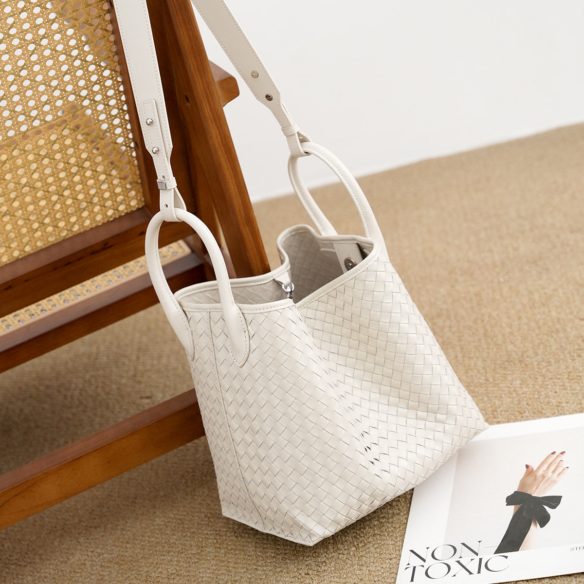 Handcrafted Top-Grain Sheepskin Woven Tote Bag | Women's Luxury Soft Lambskin Leather Bucket Shoulder Bag