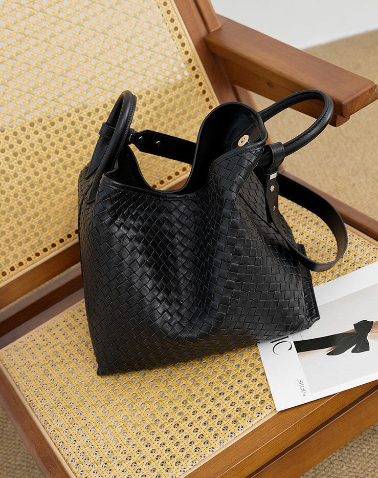 Handcrafted Top-Grain Sheepskin Woven Tote Bag | Women's Luxury Soft Lambskin Leather Bucket Shoulder Bag