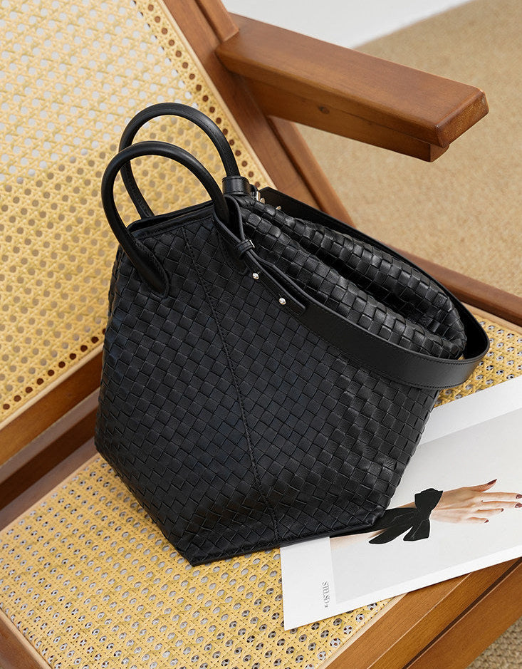 Handcrafted Top-Grain Sheepskin Woven Tote Bag | Women's Luxury Soft Lambskin Leather Bucket Shoulder Bag