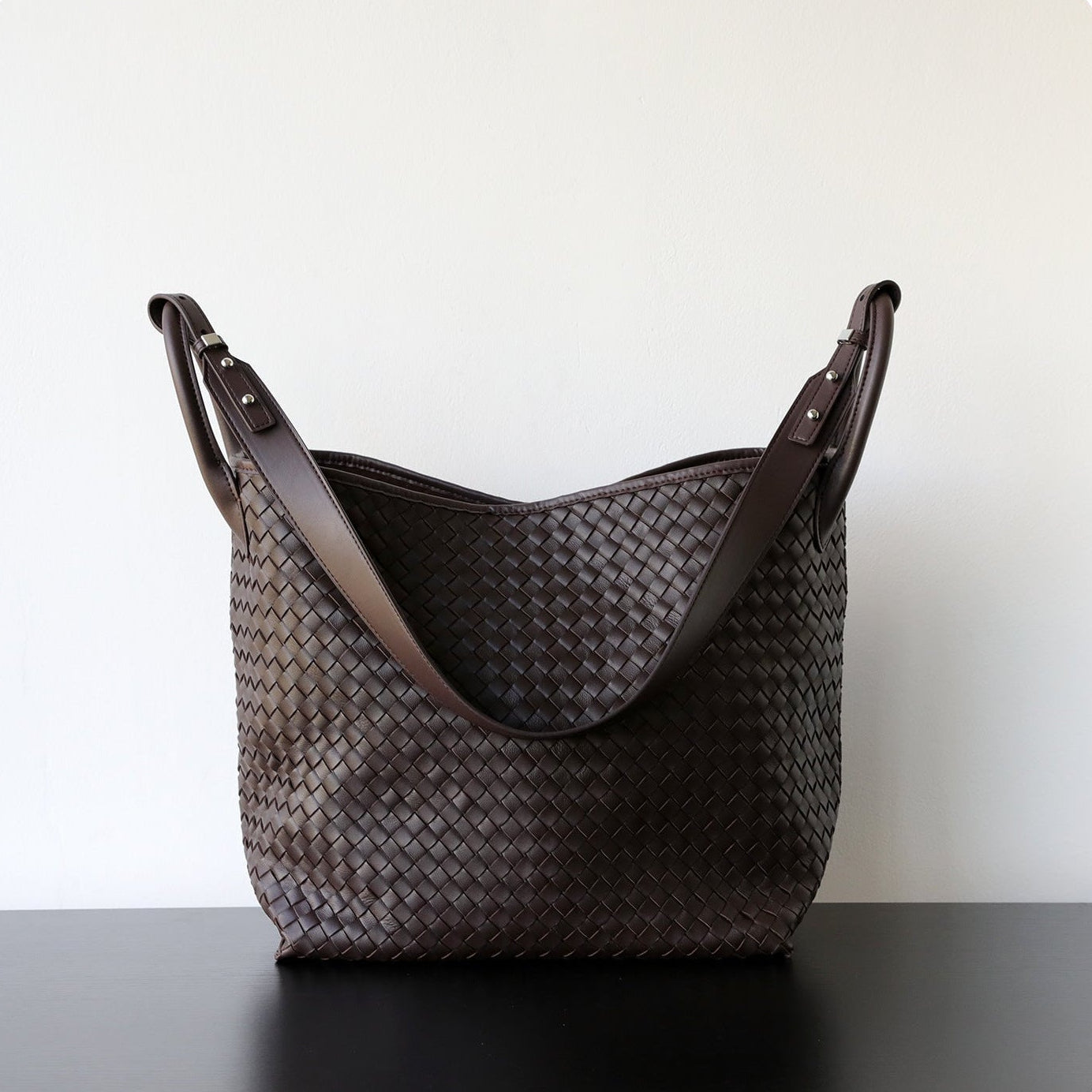 Handcrafted Top-Grain Sheepskin Woven Tote Bag | Women's Luxury Soft Lambskin Leather Bucket Shoulder Bag