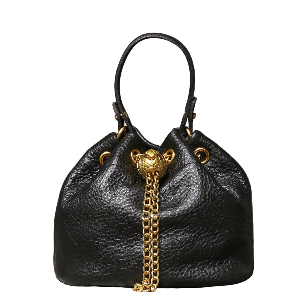 Handcrafted Top Grain Cowhide Leather Mini Bucket Bag | Women's Drawstring Chain Crossbody Purse