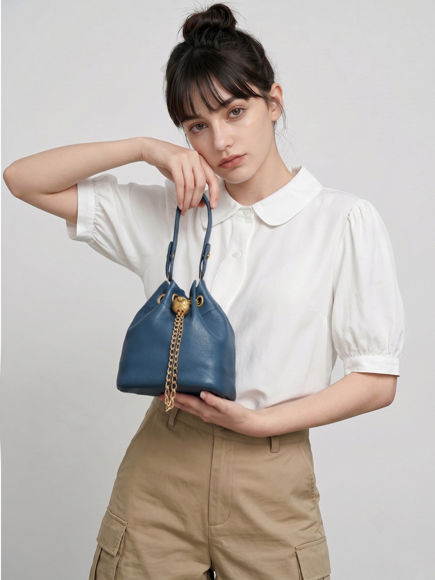 Handcrafted Top Grain Cowhide Leather Mini Bucket Bag | Women's Drawstring Chain Crossbody Purse