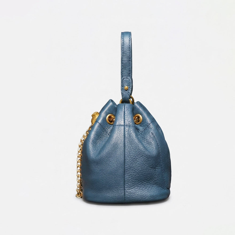 Handcrafted Top Grain Cowhide Leather Mini Bucket Bag | Women's Drawstring Chain Crossbody Purse